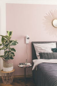 Schlafzimmer mit Boxspringbett und rosa Wand